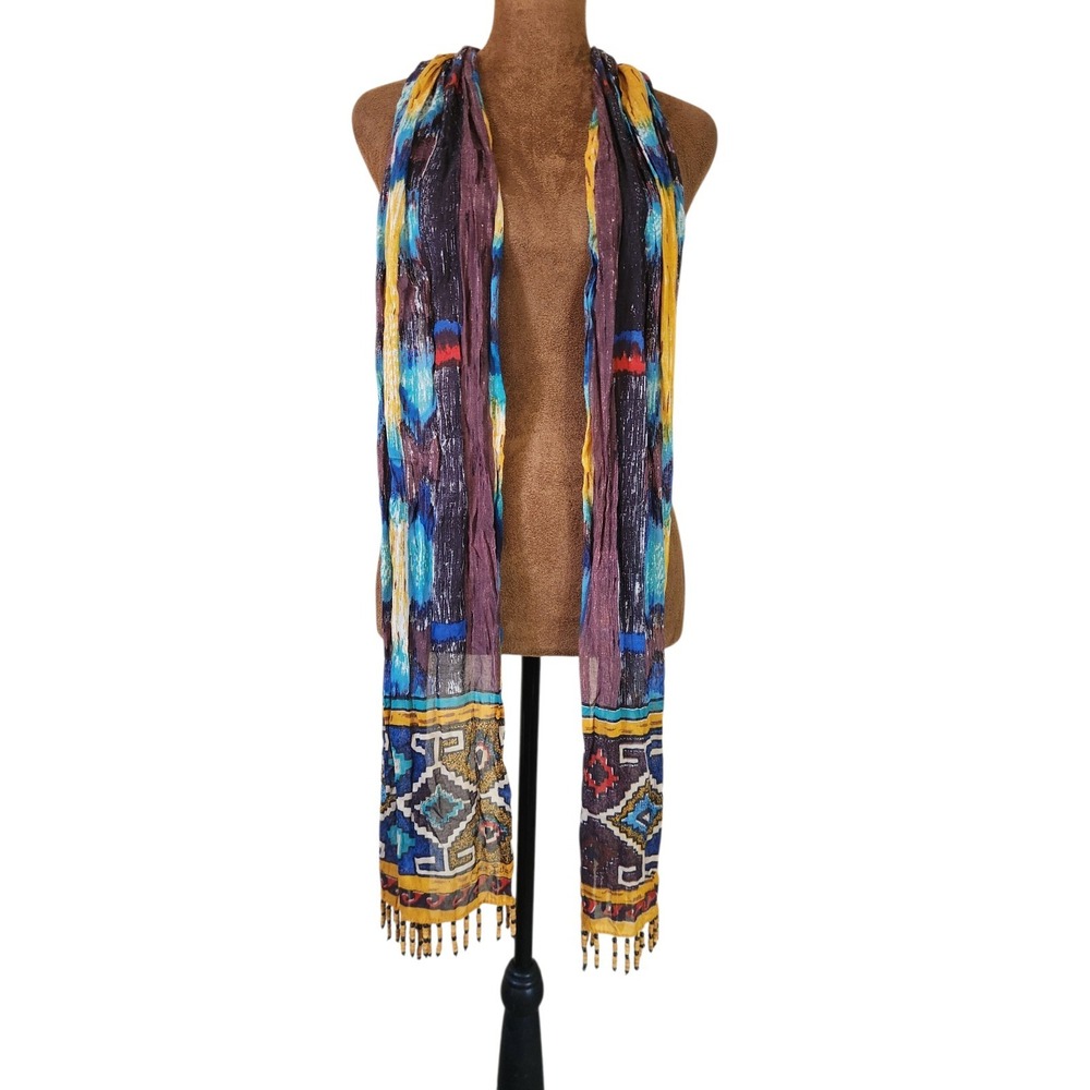 Bohemian Aztec Scarf‎ Blue Yellow Beaded Fringe Multifunctional Long Lightweight
